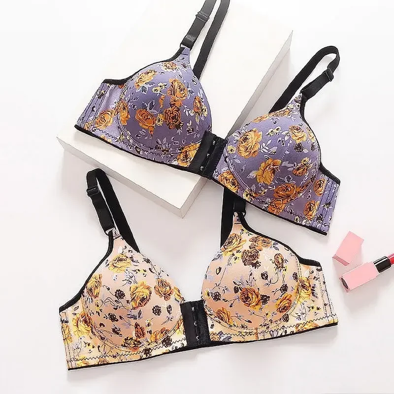 Sexy Push Up Bras Front Closure Floral Print Brassiere Wireless Bralette Breast Seamless Bras for Women Underwear Large Size