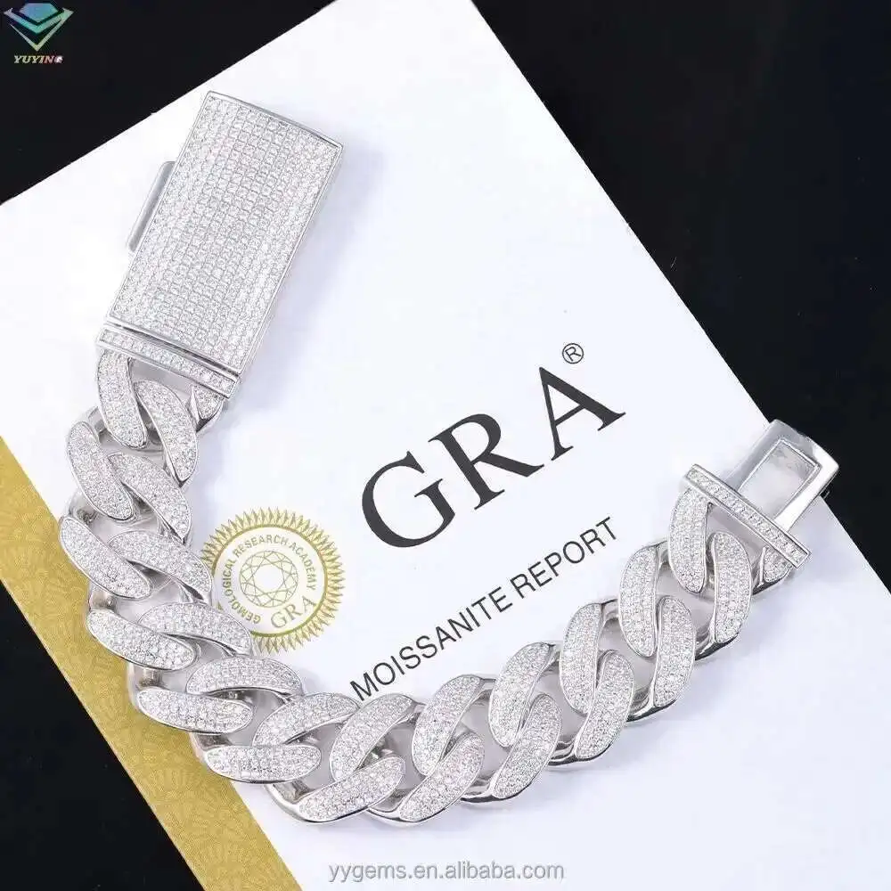 

New Style Hip Bracelet Jewelry For Men 18mm Wide Diamond Bracelet 925 Sterling Silver Lab Moissanite Cuban Bracelet