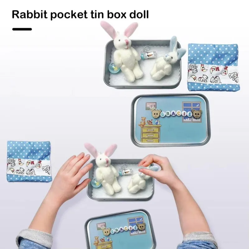 Conejo momia pequeña lata de bolsillo de felpa, juego de caja de bolsillo de conejito de peluche, mini adorno de conejito de Pascua para niños