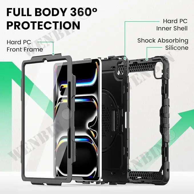 Case For iPad Pro 11 M4 M5 2024 2025 Heavy Duty Rotating Shockproof Stand Hand Shoulder Strap Black Case Fundas