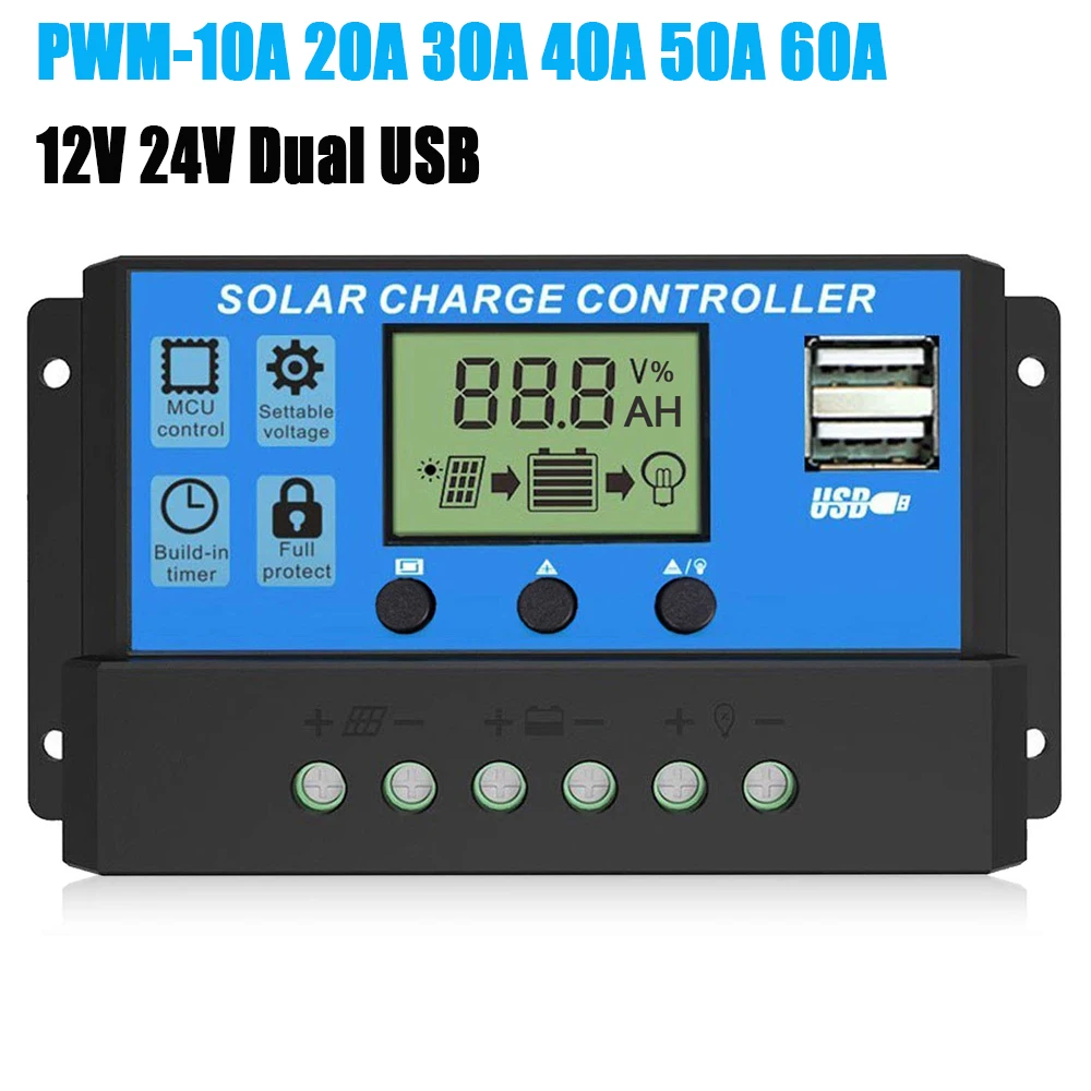 Solar Charge Controller with LCD Display Solar Cell Panel Charger Regulator Dual USB Auto Intelligent Regulator Tools 12V/24V