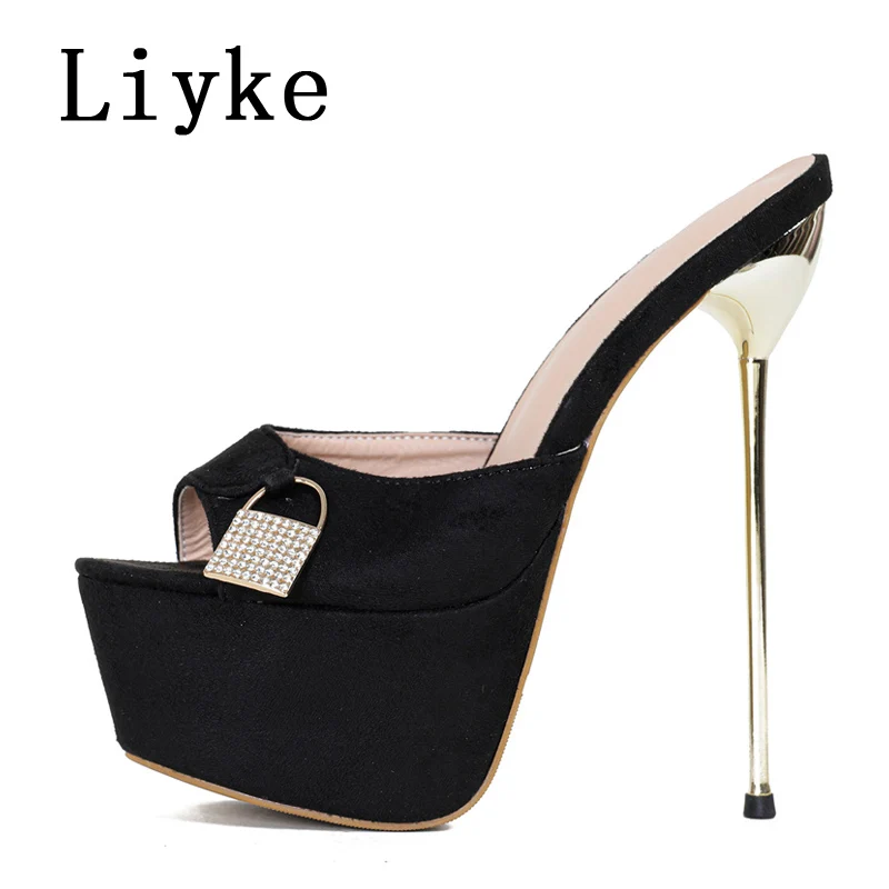 Liyke Summer Fashion Metal Extreme Platform Slippers Women Sexy Peep Toe Stiletto Heels Sandal Ladies Club Stripper Shoes Slider