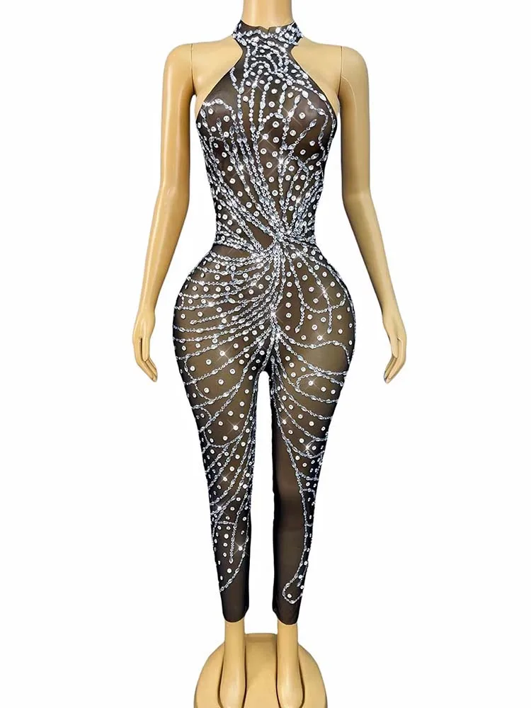 High Quality Hot Stamping Sexy Perspective Black Mesh Jumpsuit 2025 New Fashion Custom Women'S Clothing