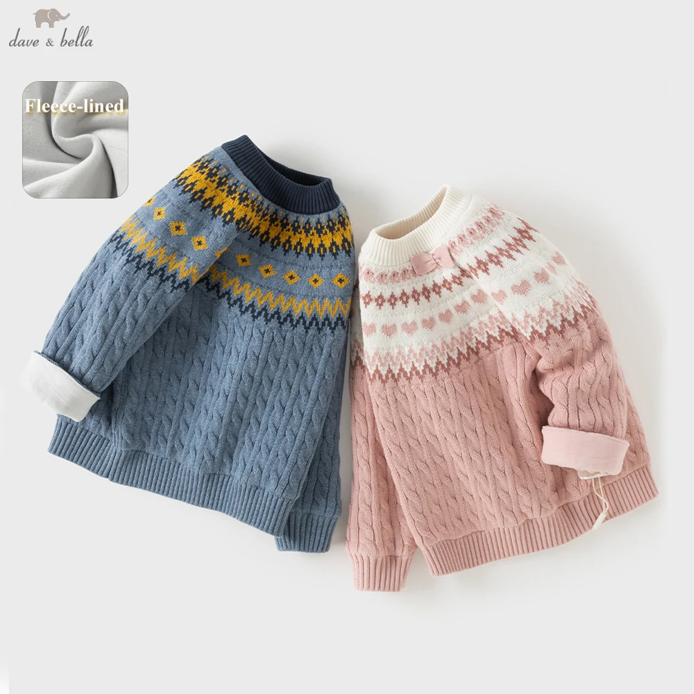 Dave Bella Boys Girls Knitted Sweater Kids Winter Warm Fleece-lined Pullover Casual Outdoor Knitwear Tops Clothes DB4263788
