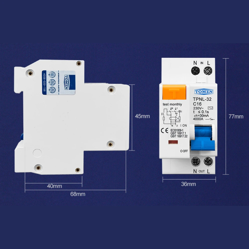 TOMZN DPNL 1P+N 32A 230V~ 50Hz/60Hz Residual Current Circuit Breaker With Over Current And Leakage Protection RCBO