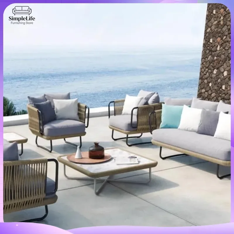 Nordic Style Outdoor Rattan Sofa Set with Coffee Table for Balcony Courtyard Terrace Patio Waterproof Sunproof Garden