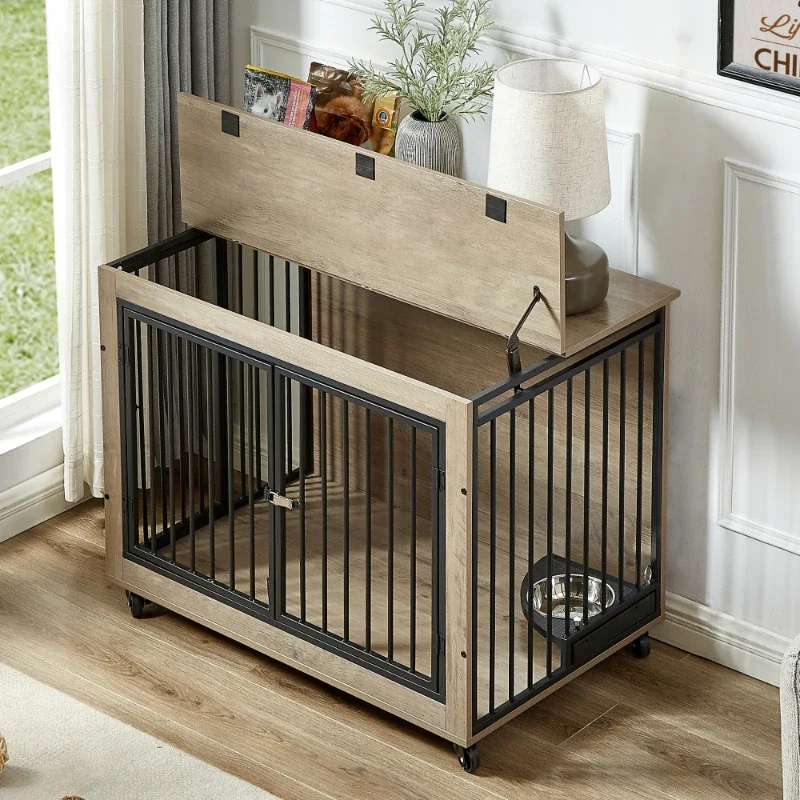 Style Dog Crate Side Table Rotatable Feeding Bowl Wheels Three Doors Flip-Up Top Opening Indoor Grey 38.58