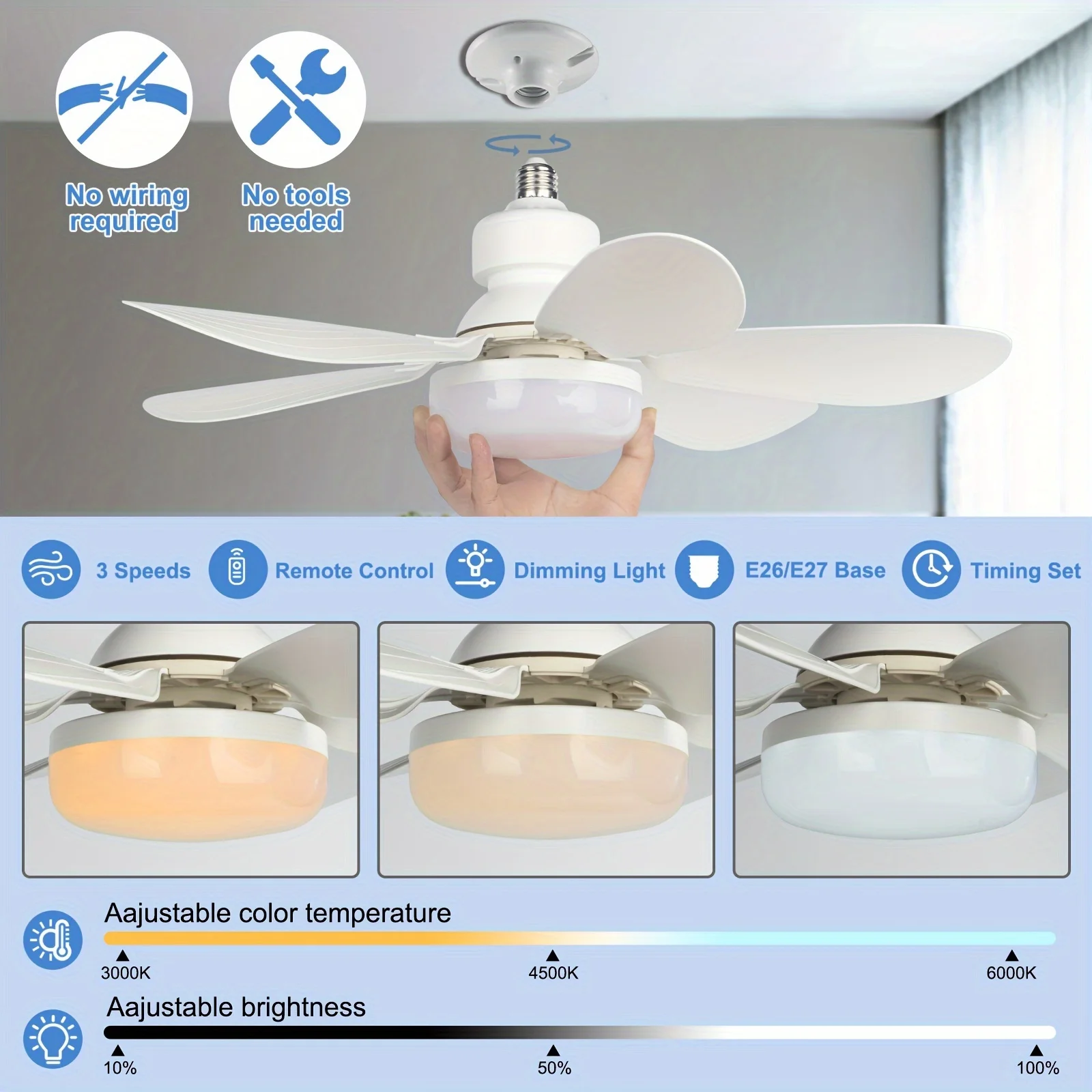 40W Socket Fan Light, 20.5" Screw Ceiling Fan with lamp and Remote, E27 Electric Fan with LED for Bedroom, Kitchen image 3