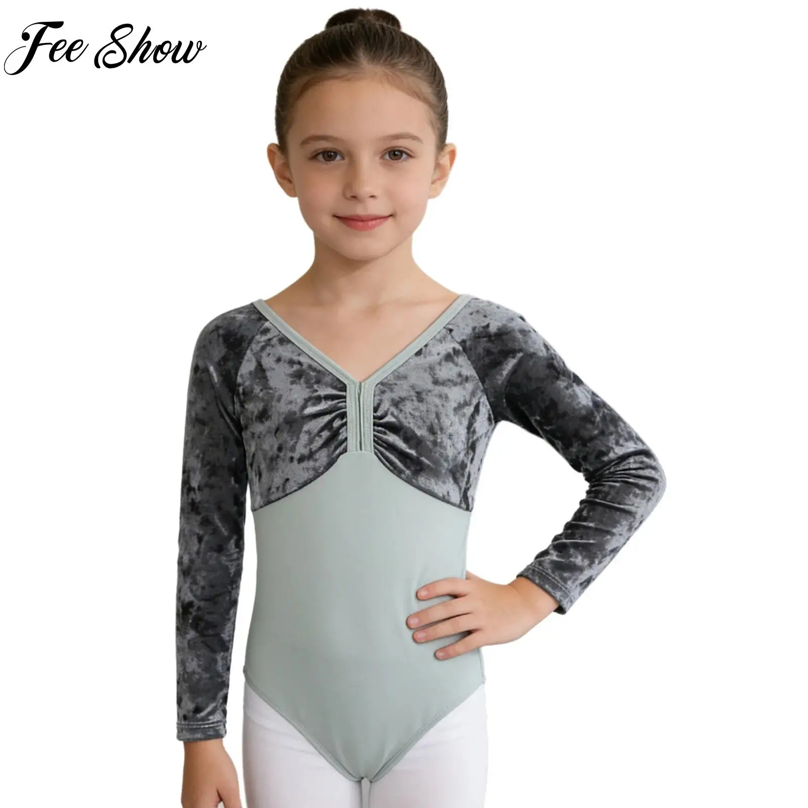 

Child Girls Professional Ballet Dance Competition Costume Solid Color Velvet Patchwork Bodysuit Long Sleeve Gymnastics Leotards