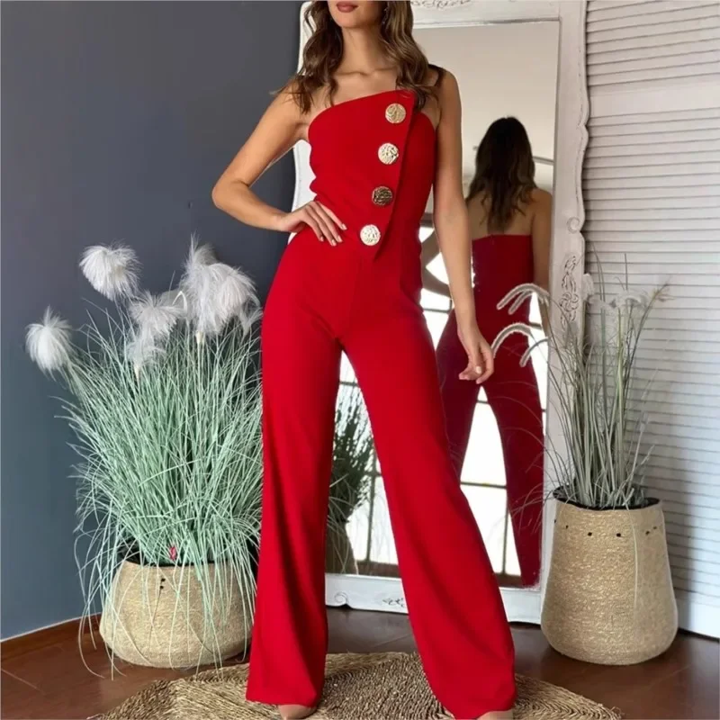 Women Sexy Asymmetrical Bandeau Strapless Jumpsuit Metal Button Casual Overalls 2025 Summer Long Jumpsuits Elegant One Piece