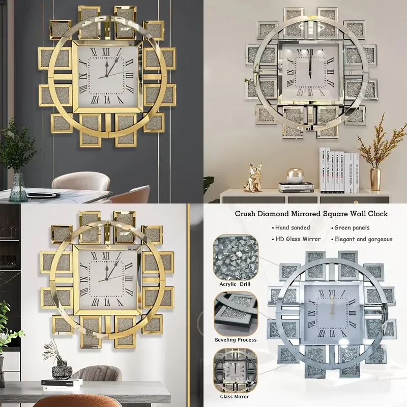 Luxury Gold Glass Wall Clock Unique Crystal Shredded Diamond Arabian 3D Design Fashion Art Home Decoration