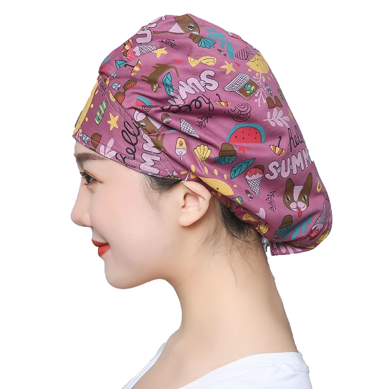 Printed Sweatband Scrubs Caps Women Bandage Buttons Working Hats Elastic Adjustable Washable Cotton Nursing Workwear Hats