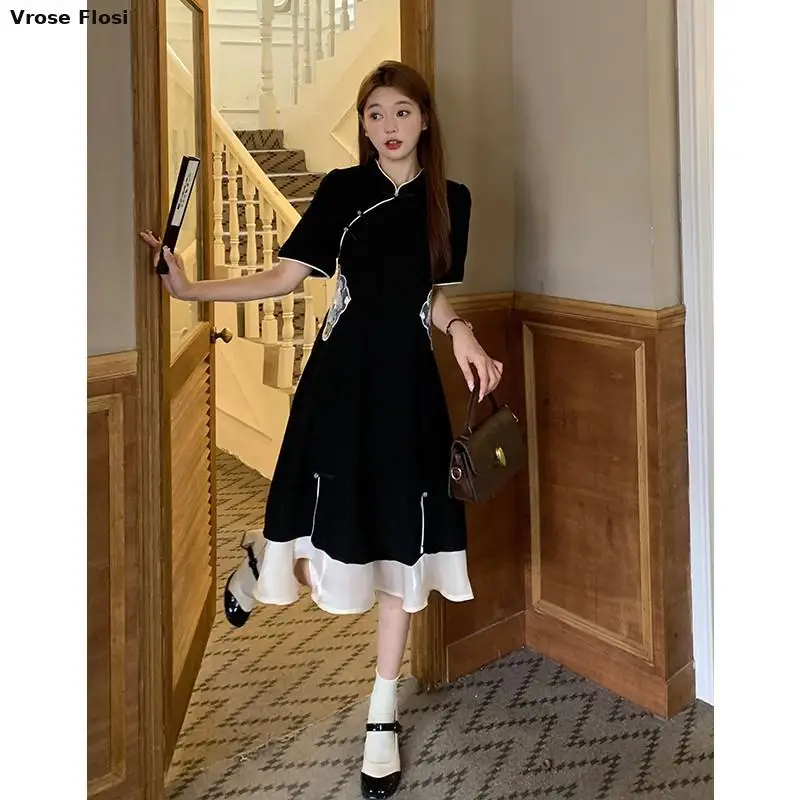 2023 Chinese Improved Hanfu Cheongsam Dress Women A Line Qipao New Fashion Style Short Sleeve Casual Daily Lady Cheongsam Dress