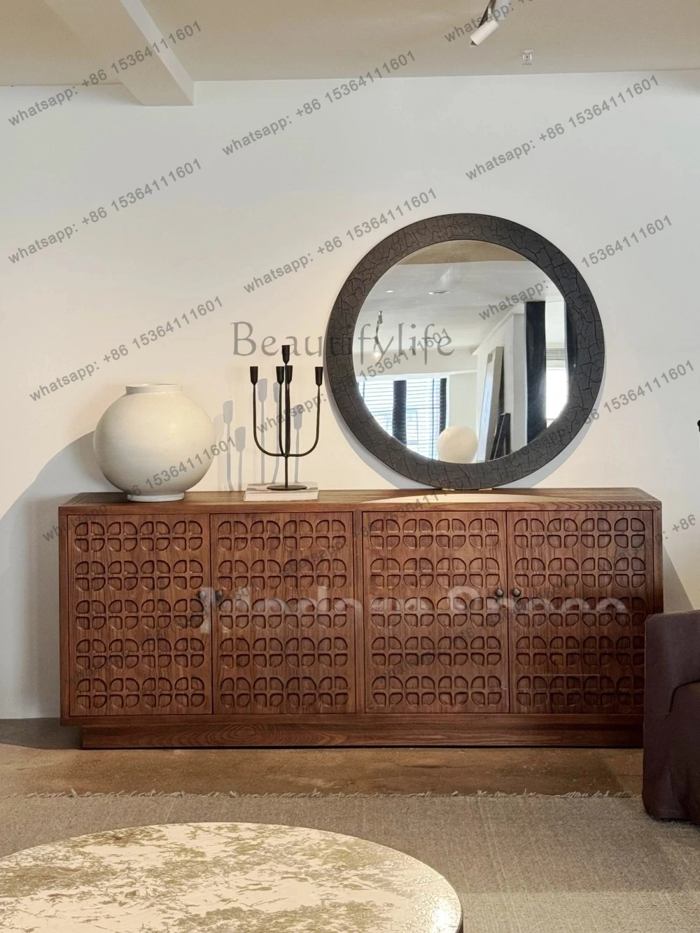 

Medieval style solid wood carving flower porch oak creative retro living room TV cabinet storage wall dining side cabinet