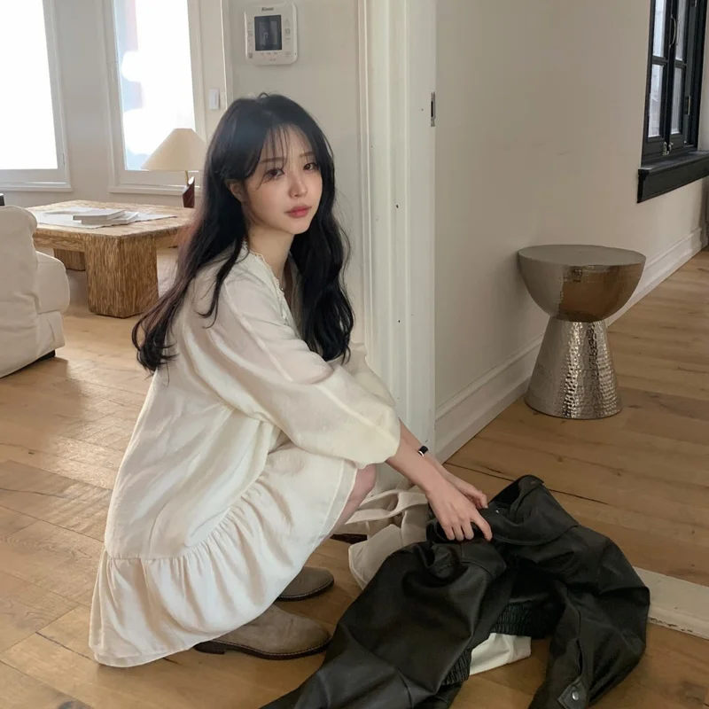 Estilo coreano doce solto renda com decote em v gravata arco babydoll manga bolha vestido para meninas, verão nova chegada