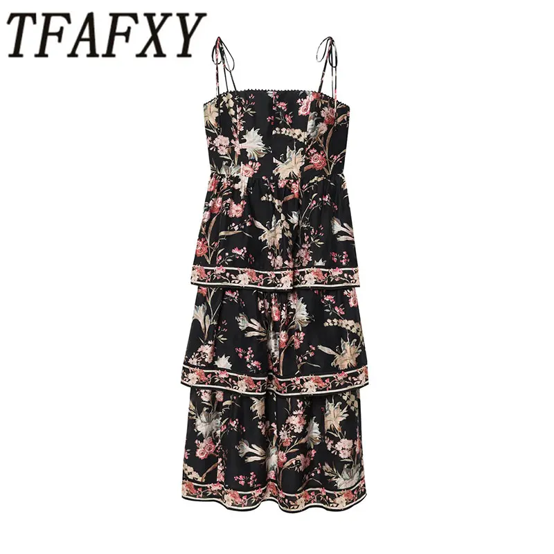 TFAFXY 2026 Spring Long Dresses Women's Floral Printed Sleeveless Sexy Dress Female Elegant Holiday Party Dresses