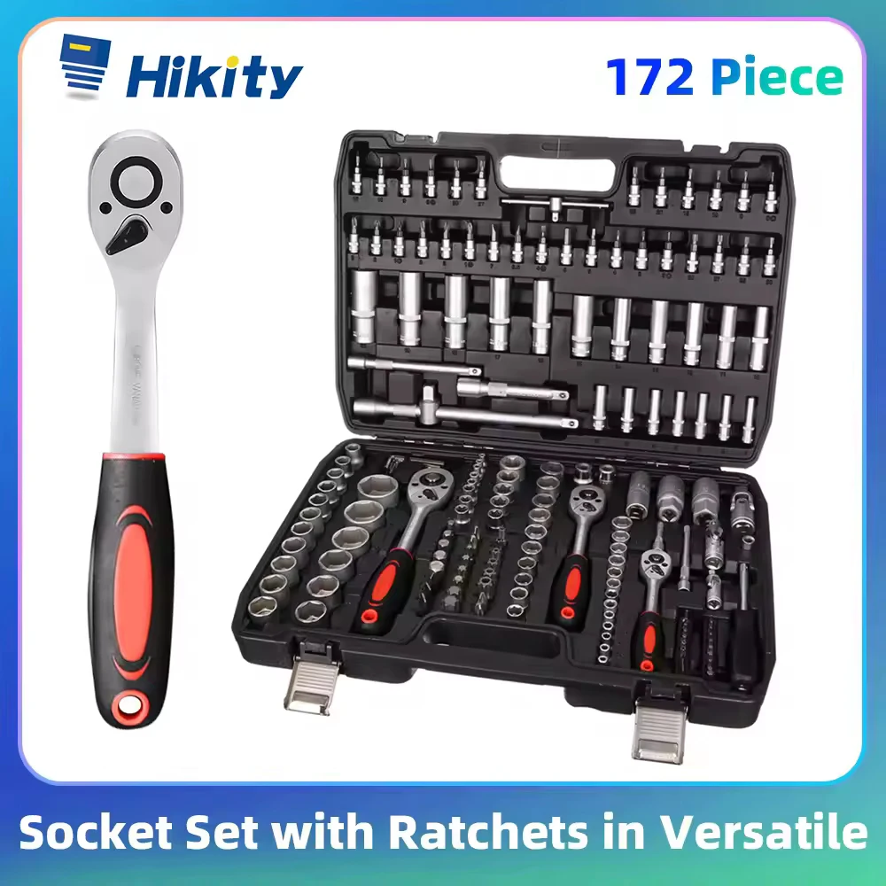 Kit d'outils de clé à cliquet Hikity, jeu de douilles 172 pièces avec cliquets dans un ensemble polyvalent de 172 pièces adapté à tout atelier ou garage