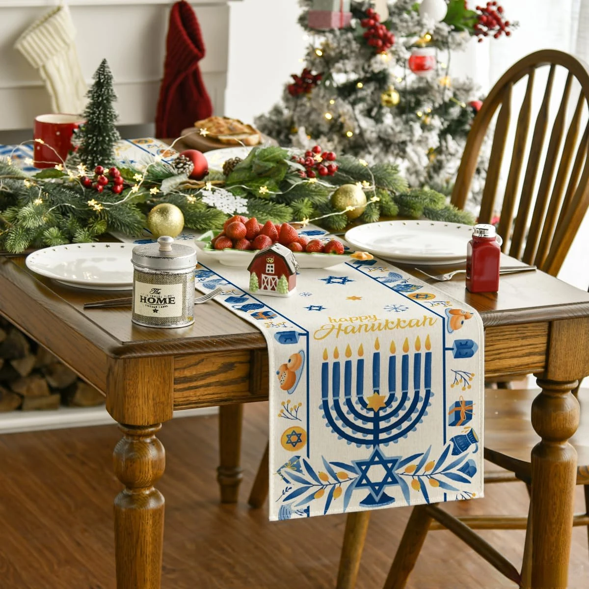 Hanukkah Menorah Linen Table Runner Jewish Holiday Table Decor Chanukah Kitchen Dining Table Runner Hanukkah Decorations