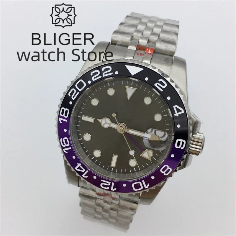 BLIGER 40mm NH34 GMT Watch For Men Mechanical Wristwatch Gray Dial Purple GMT Hand Sapphire Glass 904L Bracelet Reloj Hombre