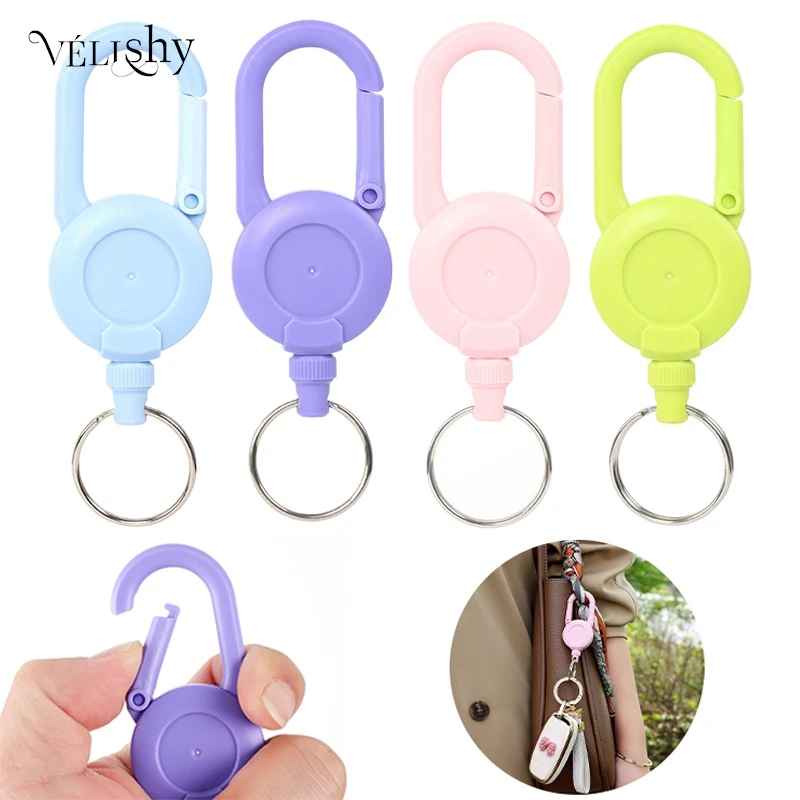 Macaron Color Retractable Keychain Outdoor Anti-theft Easy-to-pull Buckle Wire Rope Reel Elastic Key Ring Retractable Tool