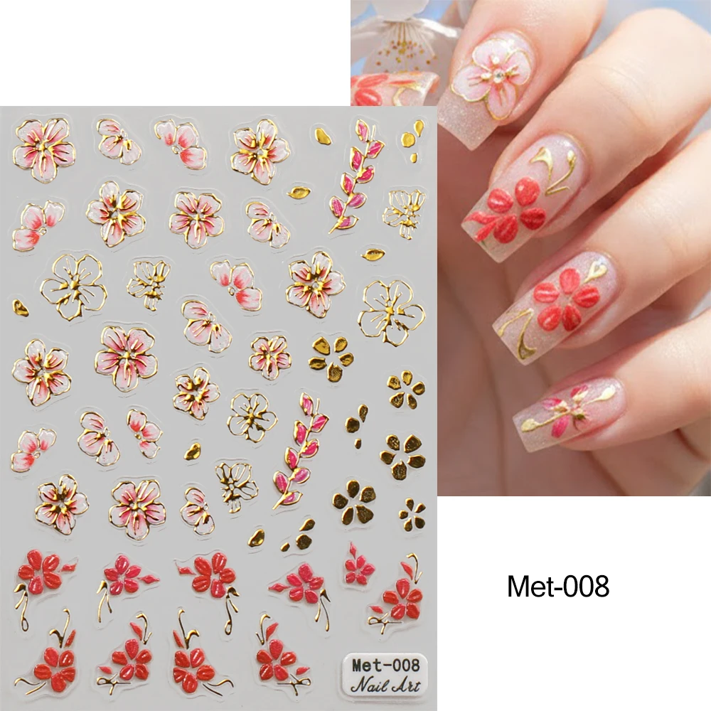 1-2 stuks Gouden Lijn Kersenbloesem 3D Nail Art Stickers Lente Perzik Bloemen Daisy Bloemen Gouden Bladeren Nail Decals Voor DIY manicure