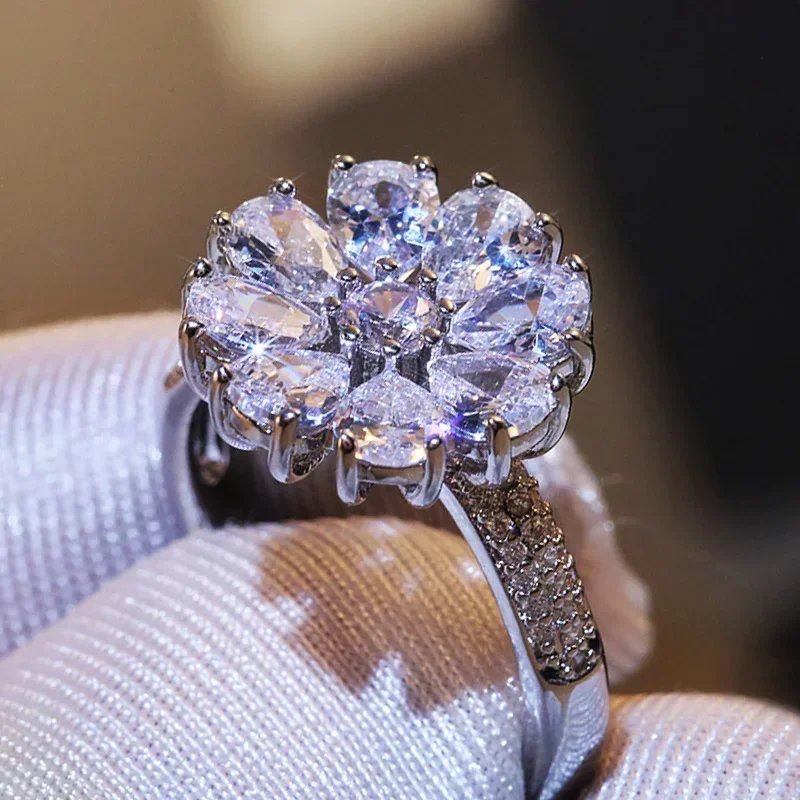 خاتم زهرة فضي اللون للنساء لامعة مكعب زركونيا حفل زفاف رومانسية سيدة الأزياء والمجوهرات