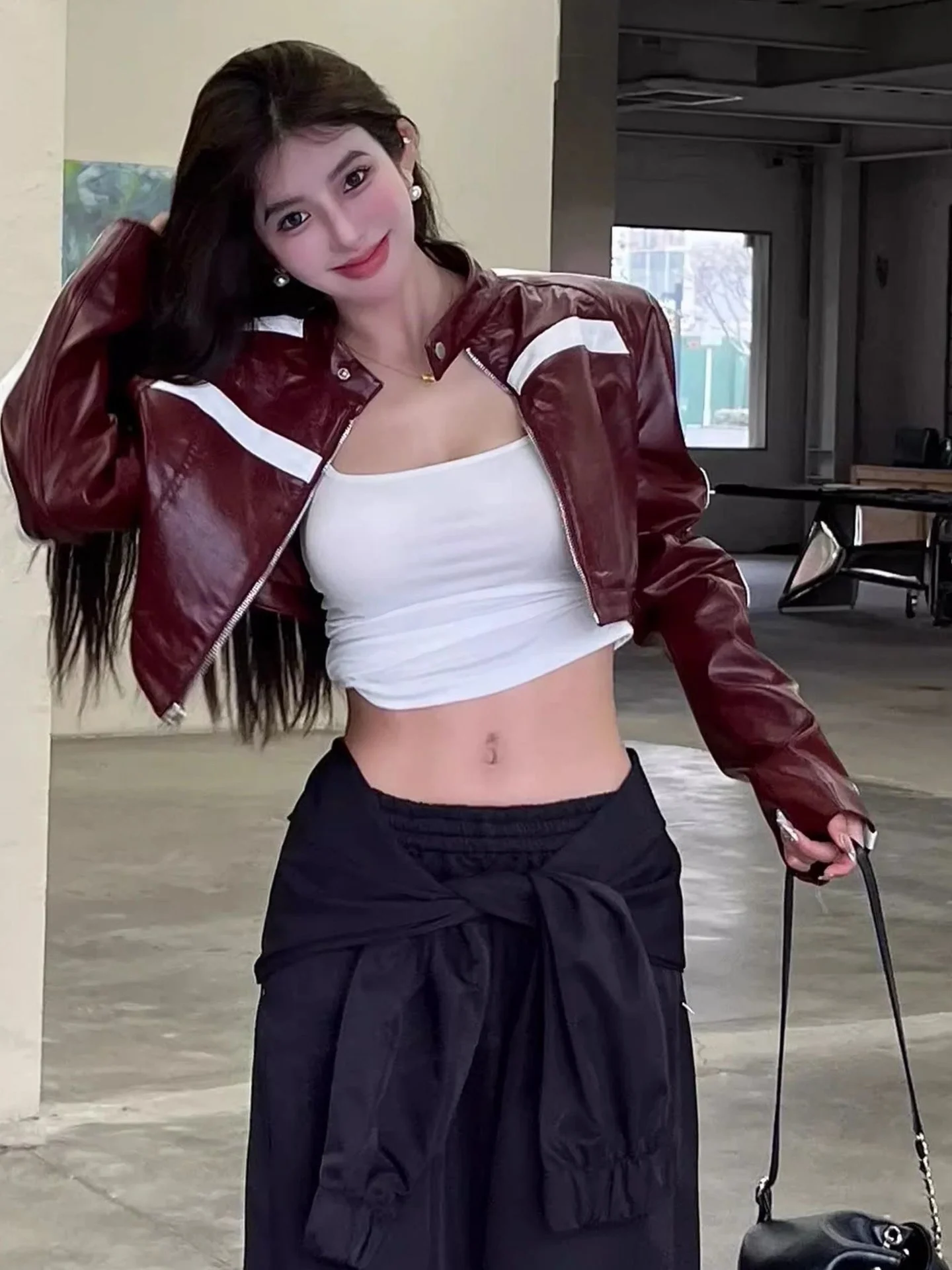 Retro American Color Block Stripe Splicing Red Motorcycle Leather Jacket Women's Short Coat Autumn New Style Hot Girl PU Leather