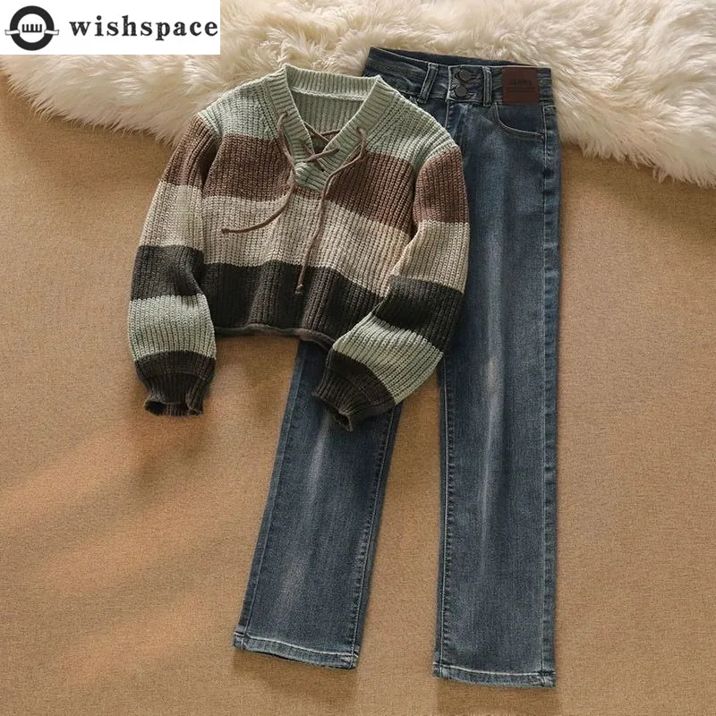 Korean Style Fashionable Suit with Lace Up Stripes Short Knit Sweater Women's Wide Leg Straight Leg Jeans Two-piece Set