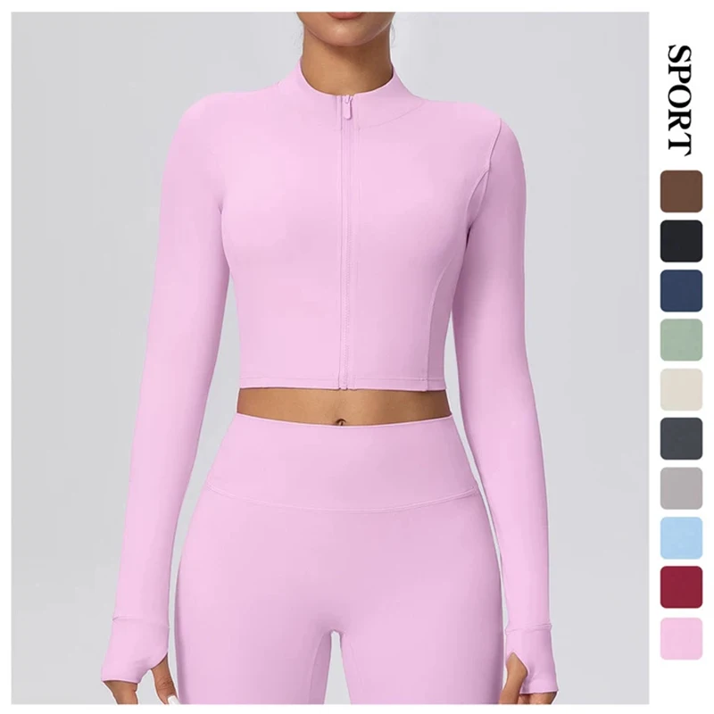 Short Sports Zipper Jacket Woman Summer Gym Fitness Sports Running Cycling Workout Top Thumbhole Design Quick Drying Yoga Top