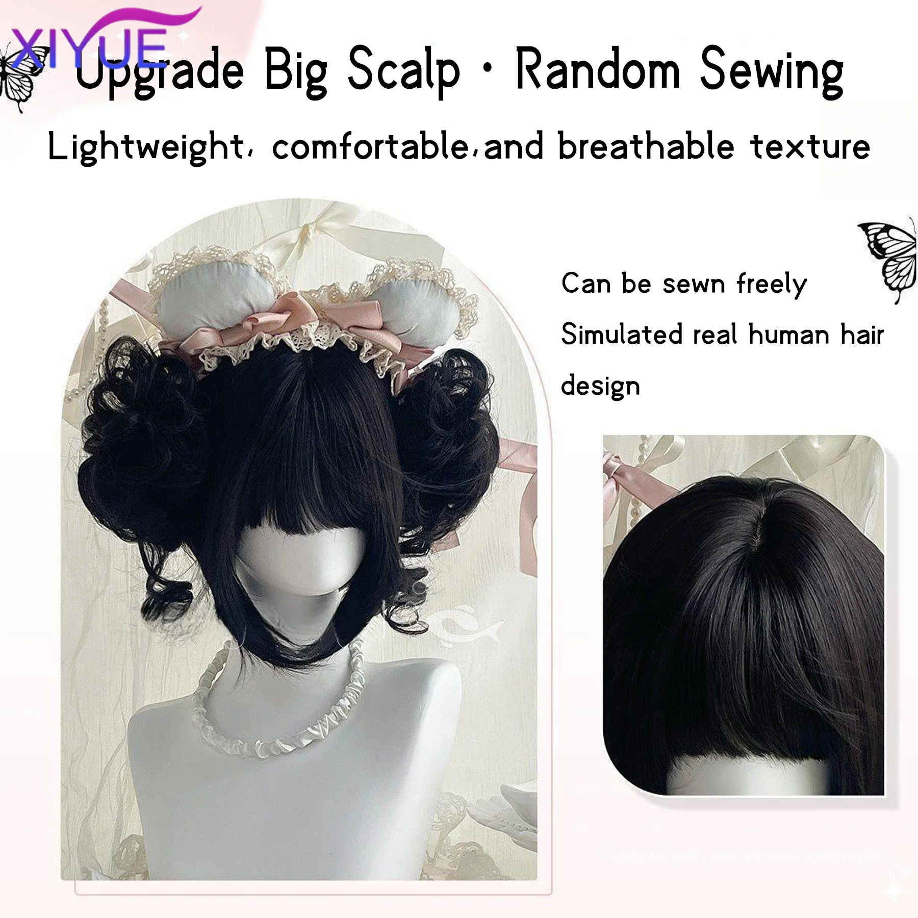 XIYUE Brown Short Wavy Bob Wig Synthetic Hair Straight Bangs Daily Sweet Lolita Cosplay Halloween Party Full Wigs for Women