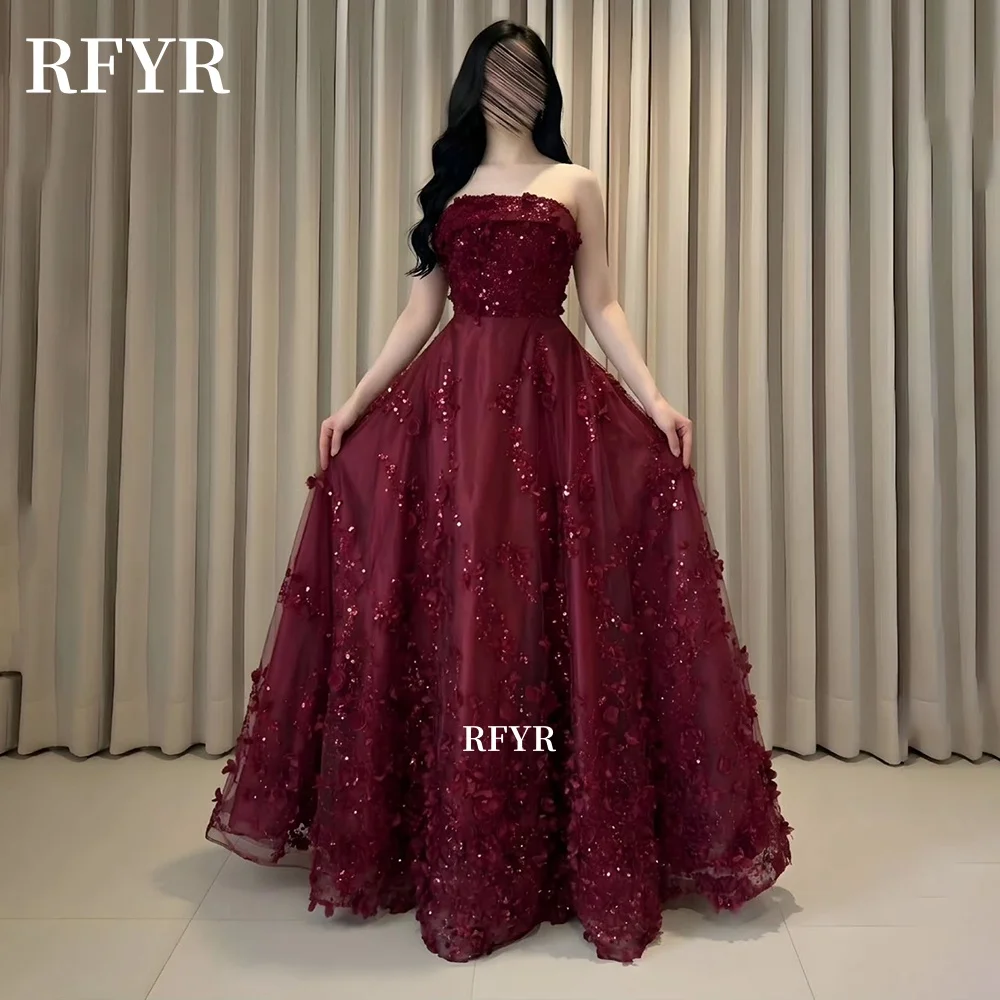 

RFYR Applique Prom Dress Strapless Evening Dress A Line Party Dress Luxury Celebrity Gala Dress فساتين مناسبة رسمية Customized