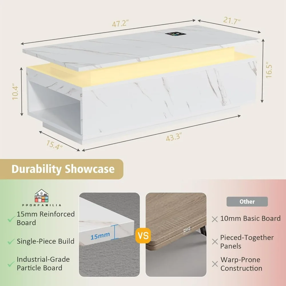 طاولة قهوة LED، طاولات قهوة مقاس 47.2 بوصة لغرفة المعيشة مع شحن لاسلكي ومكبر صوت بلوتوث، طاولة مركزية ذكية للمعيشة