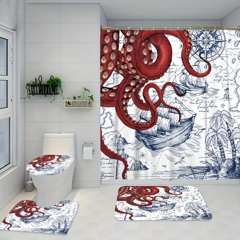 1/3/4PCs red octopus tentacle printed curtain set, waterproof shower curtains with 12 hooks, non slip carpet, toilet lid