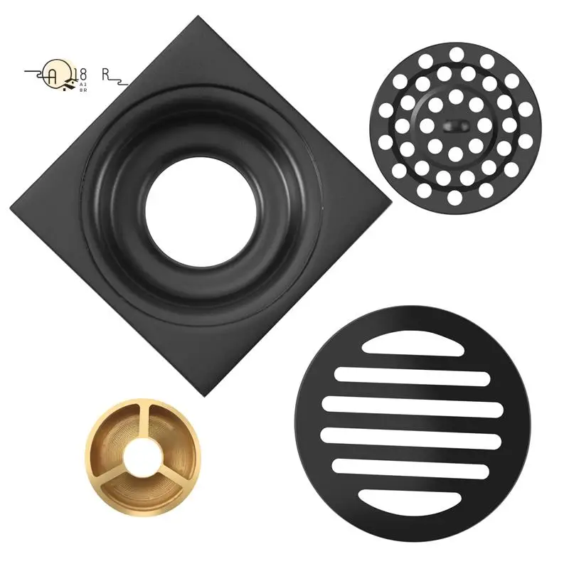 

A18R -4 Inch Square Shower Drain With Removable Cover Grate, Brass Anti Clogging And Odor Point Floor Drain Assembly With Hair C
