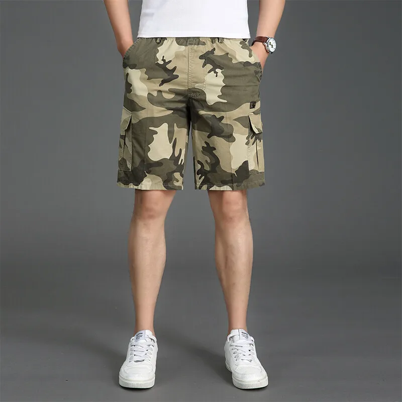 Men's Clothing Elastic High Waisted Camouflage Contrast Color Pockets Summer Cargo Straight Sweatpants Preppy Style Shorts