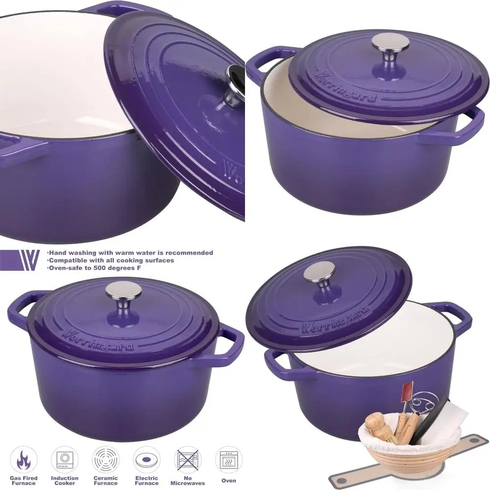 

Purple 4.5-Quart Enamel Cast Iron Dutch Oven with Lid for Bread Baking, Including Sourdough Starter Kit