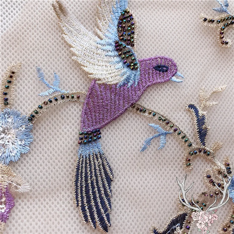 Millet Beads Embroidery Applique, Multicolor Flying Bird Lace Fabric Patch, RS1657