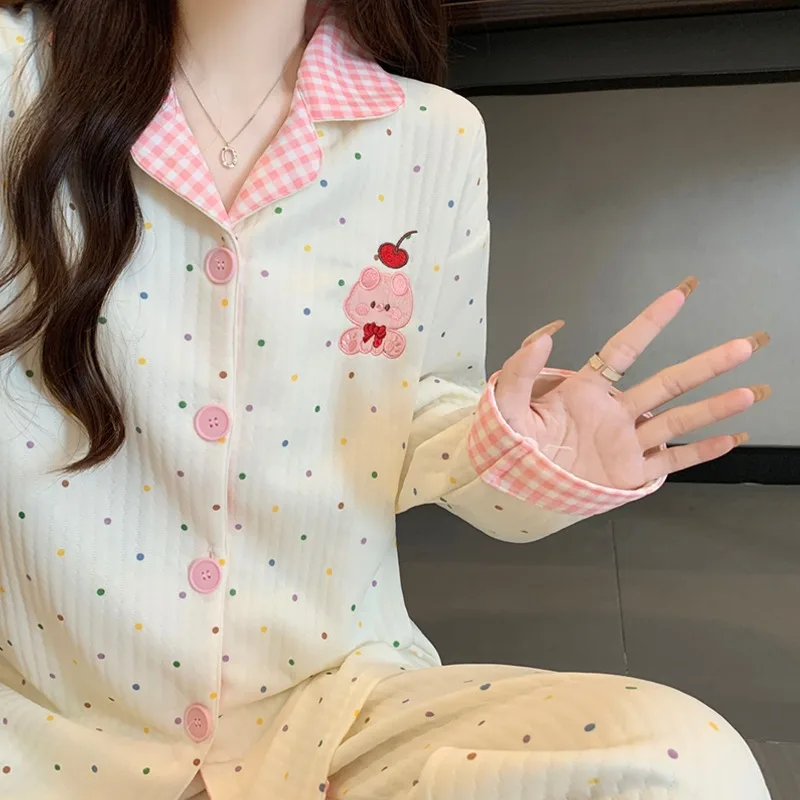 2 قطعة/المجموعة النساء أزياء طويلة الأكمام منامة الخريف والشتاء نقطة التطريز خنزير لطيف لينة عارضة ملابس خاصة مجموعة خارج المنزل #2