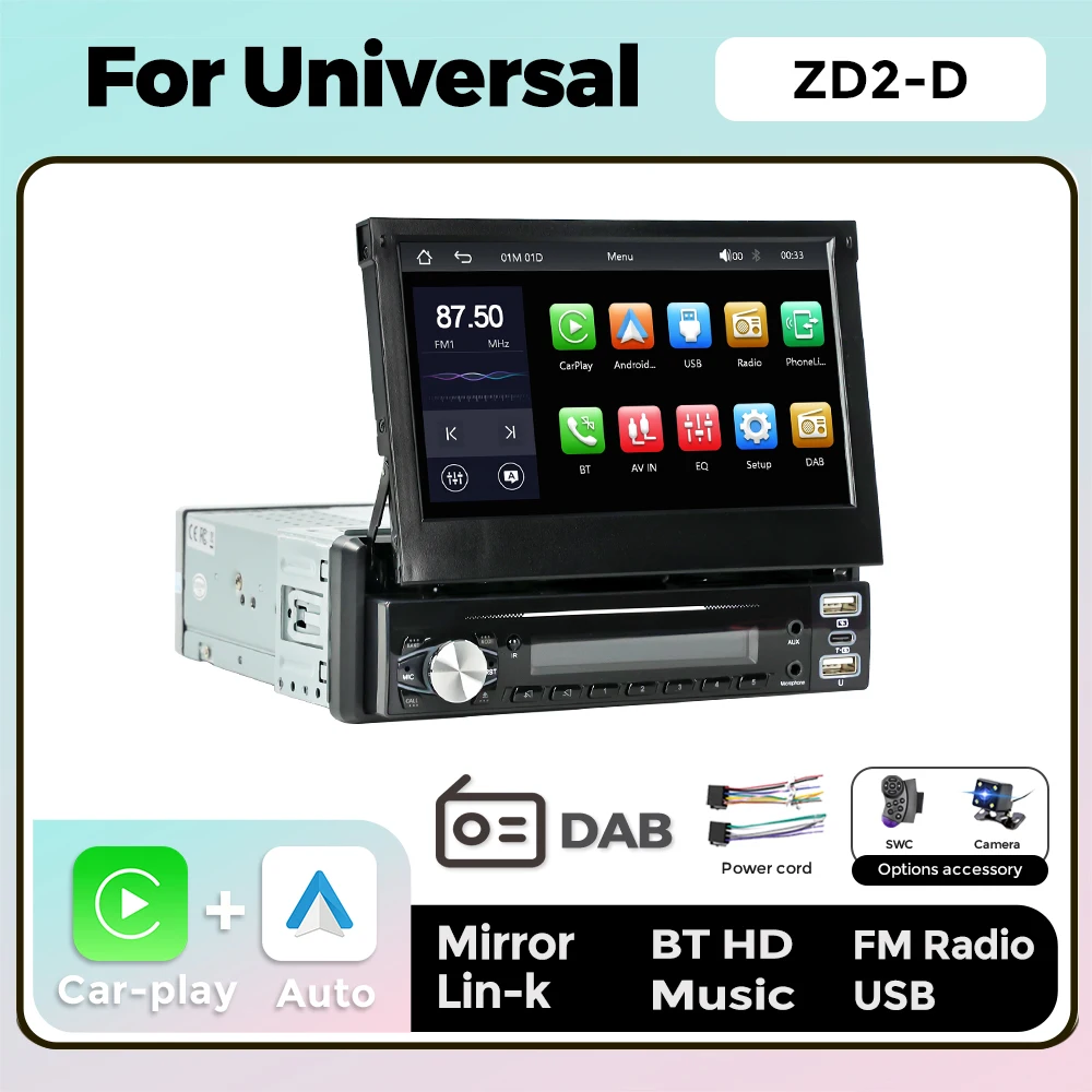 1 Din Car Radio with DAB Carplay Android Auto Multimedia Retractable 7'' HD Touch Screen FM USB MirrorLink Universal Autoradio