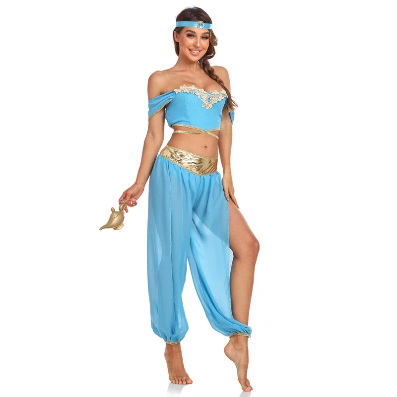 

Adult Feminine Jasmine Princess Stage Dress Veil Top Pants Belly Dance Belly Costume Suit Halloween Arabian Princess Costume