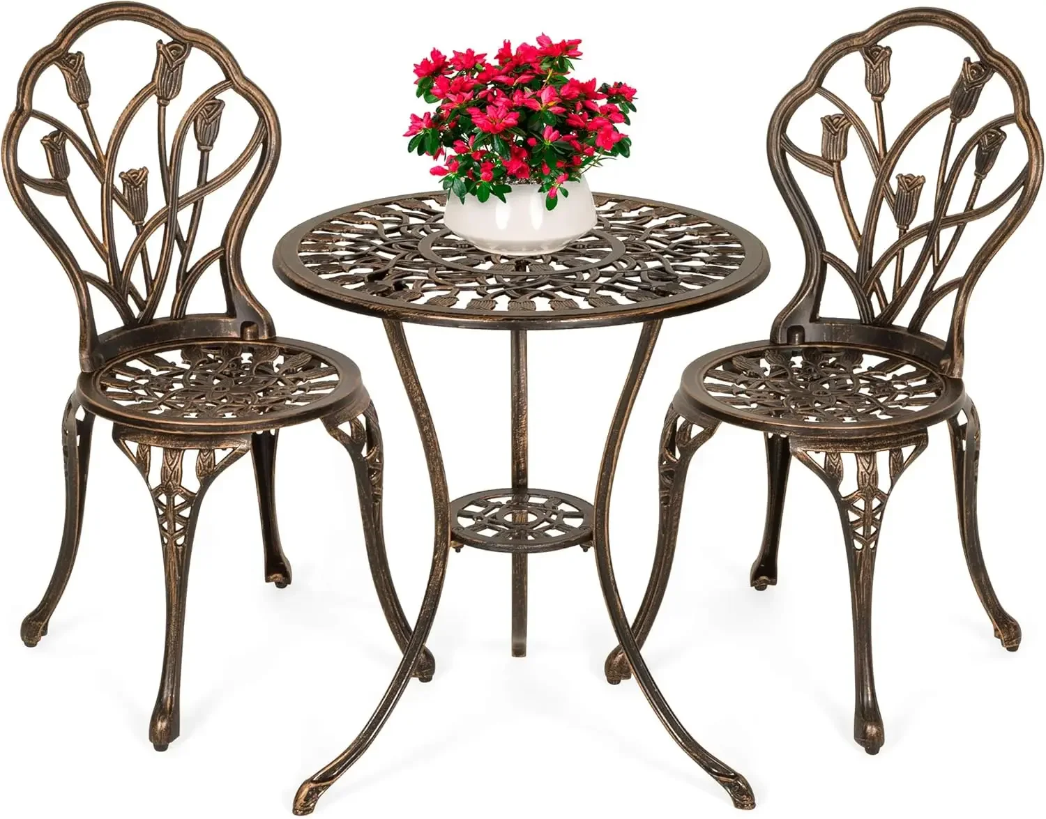 3-Piece Outdoor Rust-Resistant Cast Aluminum Patio Bistro Set w/Tulip Design, Antique Finish - Copper