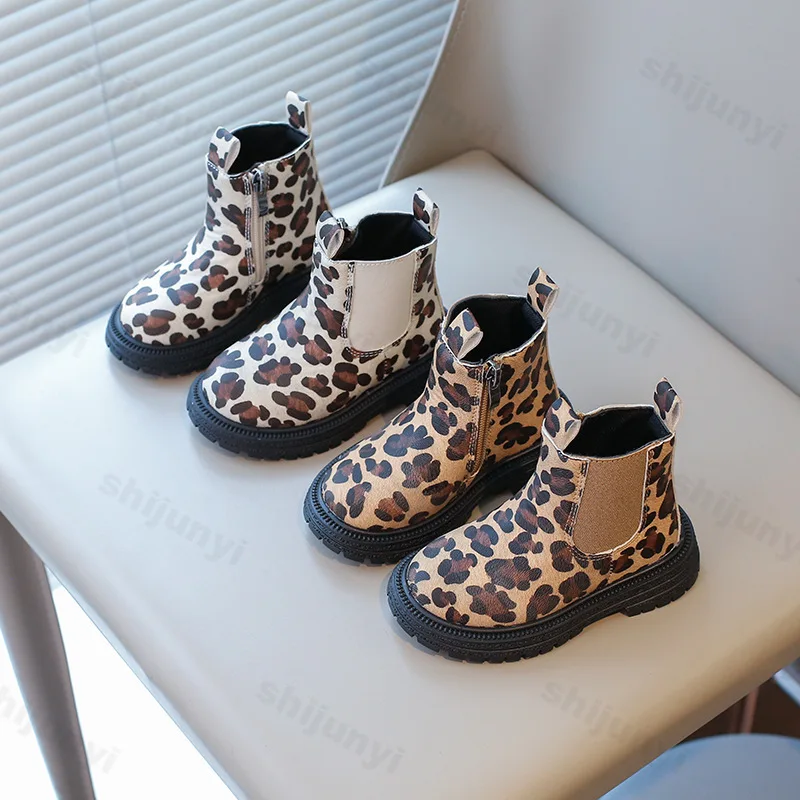 Boys Girls Boots Leopard Print Short Boots Classic Little Kids Ankle Boots Side Zipper Fashion Unisex Rubber Boot Warm Booties