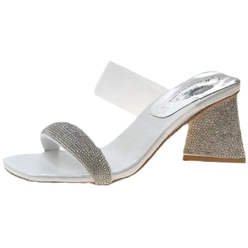 Women's slippers Sandals slippers for women with high heels 2024 summer new rhinestone thick heel open toe thick heel slippers 