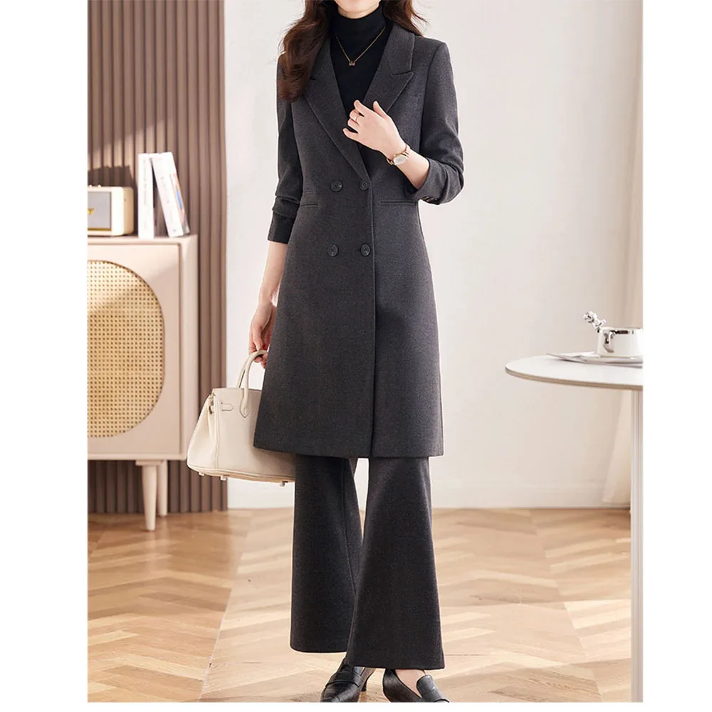 Tesco Winter Suit Coat For Women Wear Thickened Mid-Length Trench Coat And Wide Leg Pants 2 Piece Warm Outerwear For Female 2023