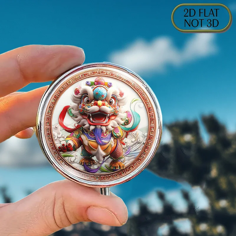 1 piece of round metal pill box, colorful hollowed-out glass with lion dance design - portable flat storage for medication and small items, durable metal structure, daily pill organizer. Hollowed-out glass design, decorative pill box