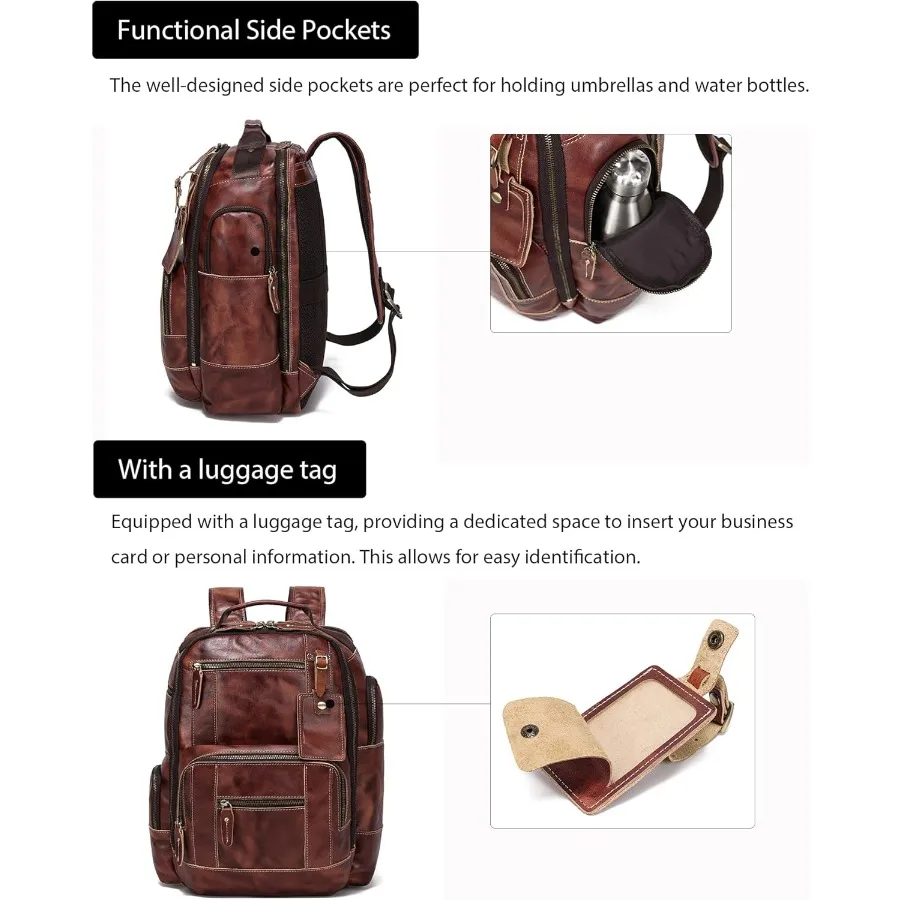 حقيبة ظهر LANNSYNE من الجلد المحبب بالكامل للرجال تناسب قهوة الكمبيوتر المحمول مقاس 16 بوصة #4