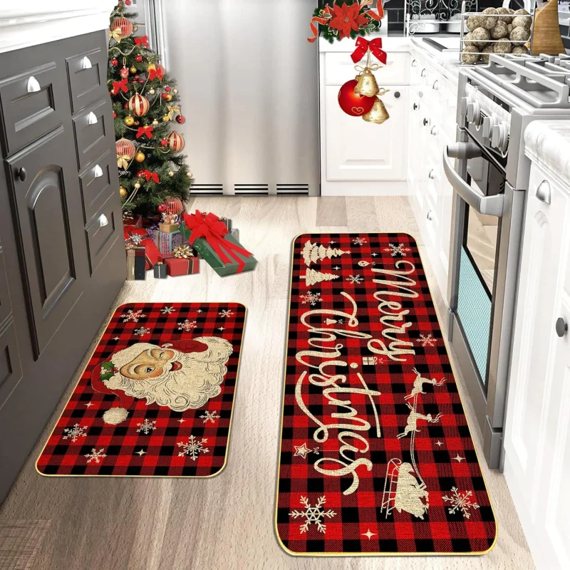 

Buffalo checkered snowflake Santa Claus kitchen mat 2-piece set for holiday party home decoration 20inX31in 18inX47in