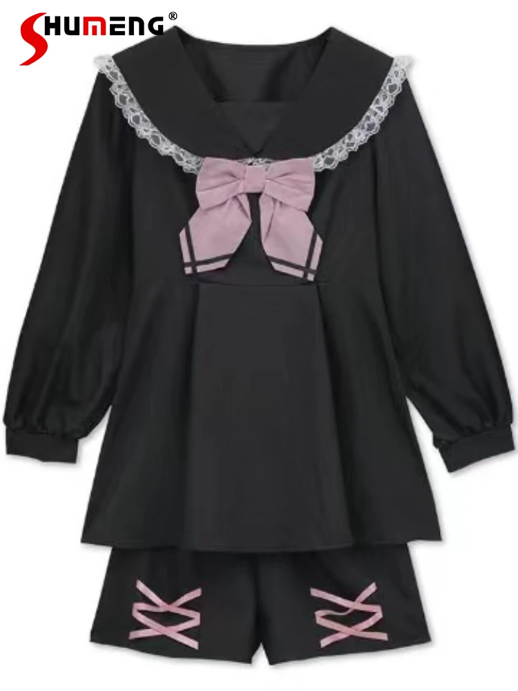 Lolita Outfit Japanese Style Cute Rabbit Ears Sailor Collar Long Sleeve Dress and Shorts Set Sweet Mine Cute Bow Suit Two Piece