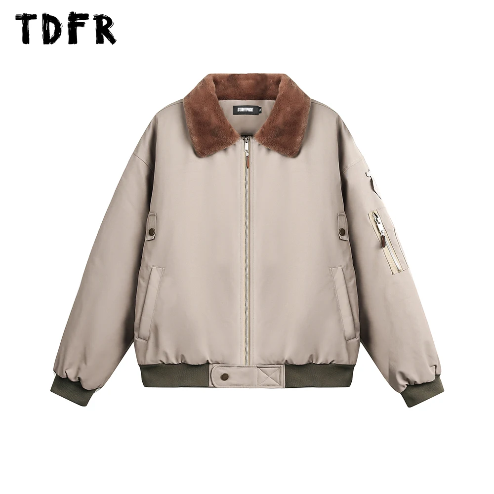 Embroidery Badge Cargo Padded Jacket Mens Retro Streetwear Spliced Lapel Fleece Long Sleeve Thick Outerwear Men