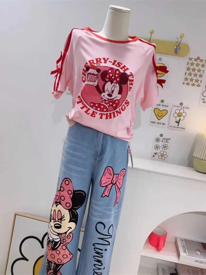 2024 Summer New Thin Loose Elastic Back Waist Sweet Cute Cartoon Printed Wide Leg Jeans Dla kobiet Kawaii Baggy Denim Trousers